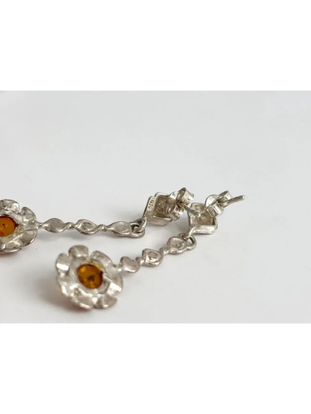 Baltic Amber Sunflower Shaped Spiral Vintage Sterling Silver 925 Dangle Earrings